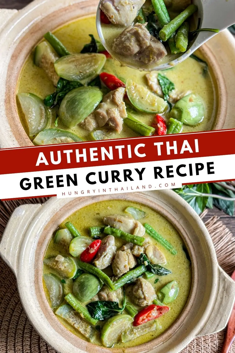 Thai green curry pork with coconut milk, eggplant, and long beans.