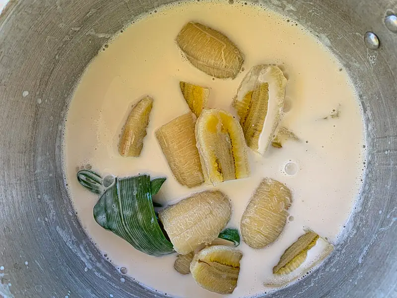 Banana slices simmering in sweet coconut milk for Thai banana in coconut milk dessert.