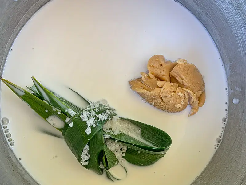 Coconut milk simmering with palm sugar and pandan leaves.