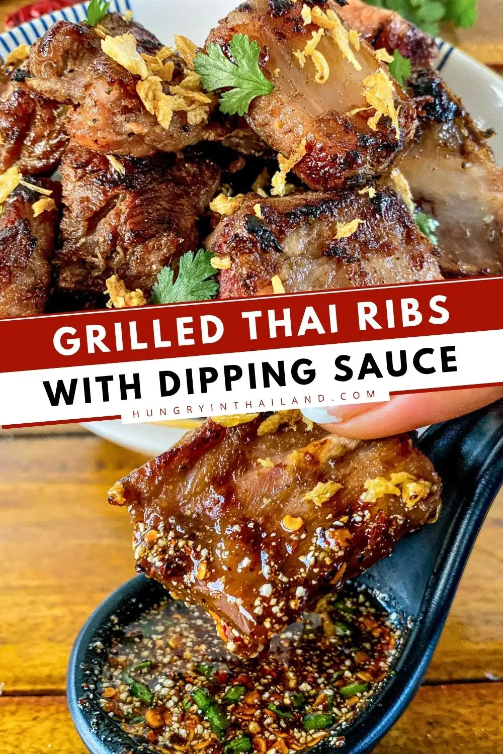 Grilled Thai ribs glazed and charred served with spicy dipping sauce.
