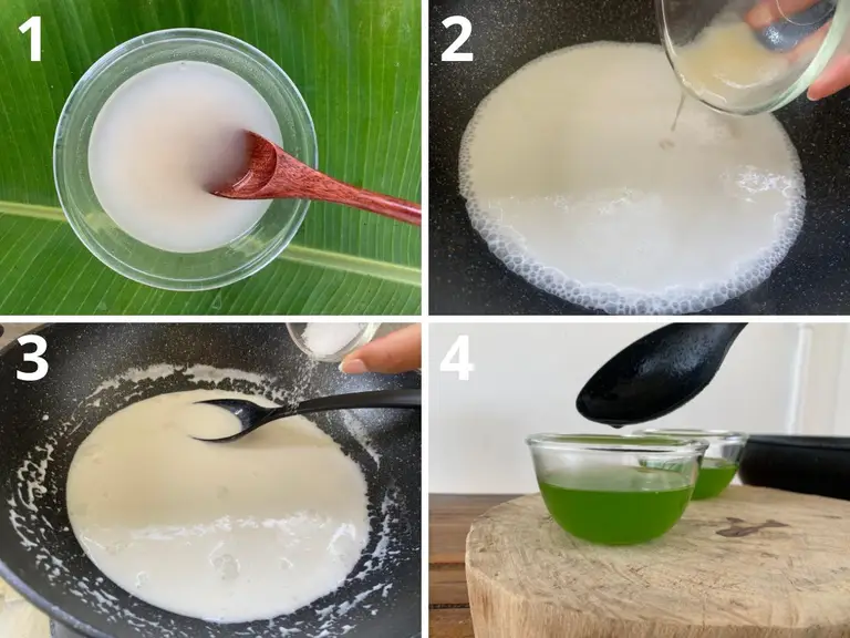Step-by-step images of making the coconut layer for Thai pandan coconut jelly, including mixing agar-agar, heating coconut milk, and layering.