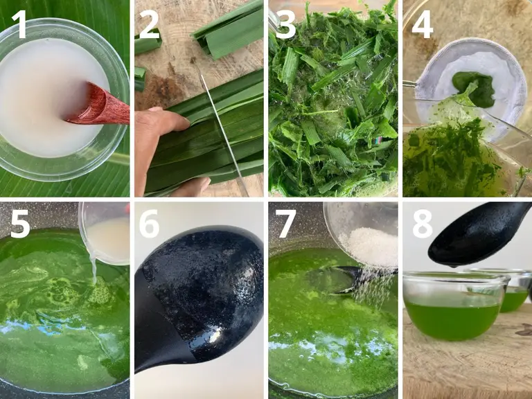 Step-by-step photos showing how to make the pandan layer for Thai pandan coconut jelly using fresh pandan leaves, agar-agar powder, and sugar.