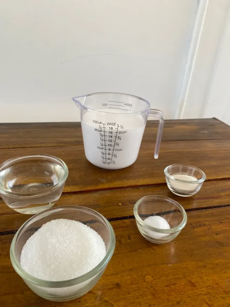 Ingredients for coconut layer: coconut milk, agar-agar powder, white sugar, and salt.