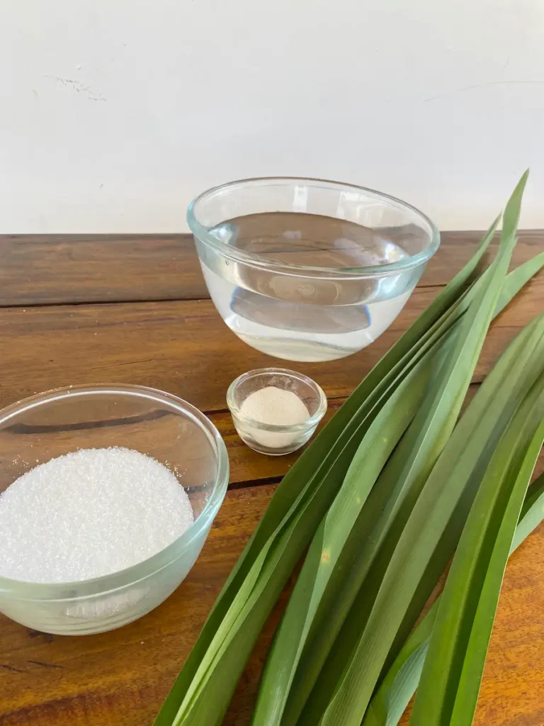 Ingredients for pandan layer: pandan leaves, agar-agar powder, white sugar, and water.