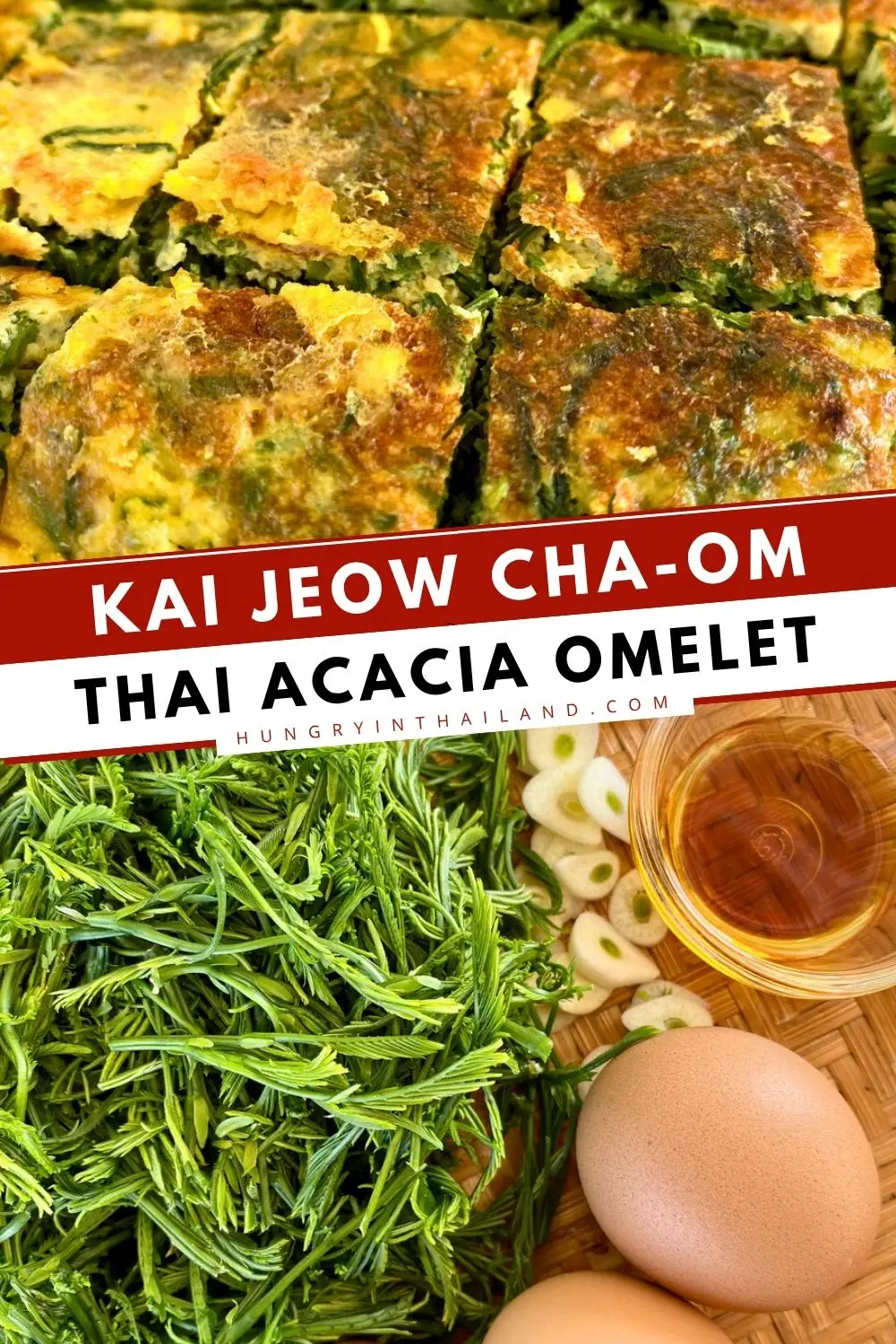Thai acacia omelet kai jeow cha-om served with fresh cha-om leaves, eggs, and fish sauce.