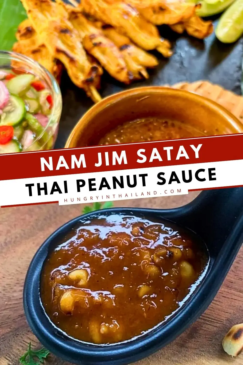 Thai peanut satay sauce with crushed peanuts served with grilled chicken skewers.