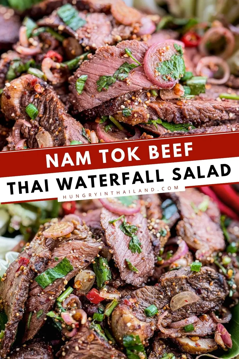 Thai nam tok beef salad with grilled beef, herbs, and toasted rice powder.