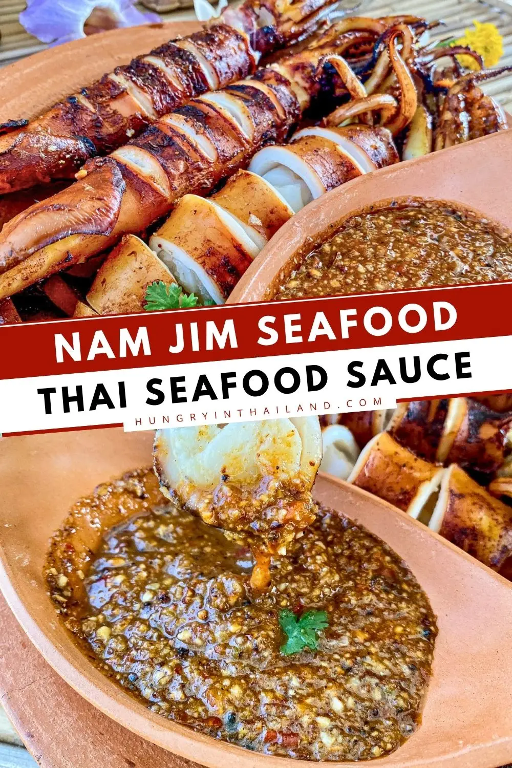 Thai nam jim seafood sauce served with grilled squid, made with chilies, garlic, and lime.