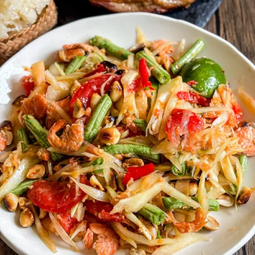 Som tam thai papaya salad with dried shrimp, peanuts, tomatoes, lime, sticky rice, and grilled chicken.