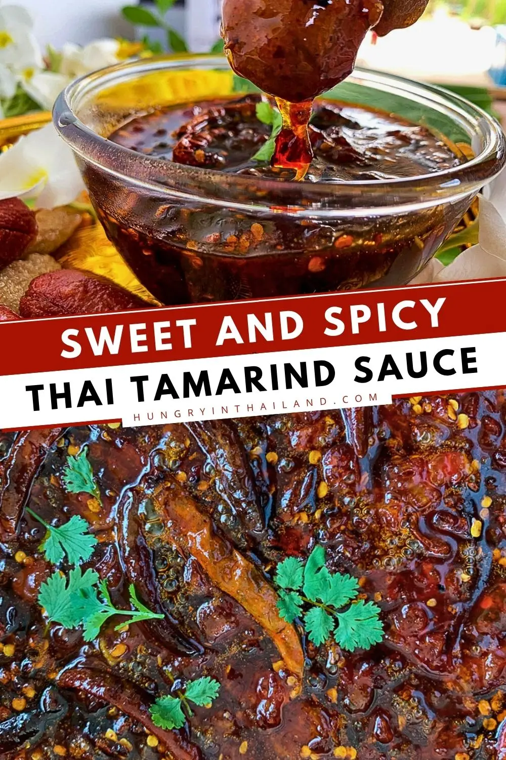 Thai sweet and spicy tamarind sauce with glossy texture and herbs.