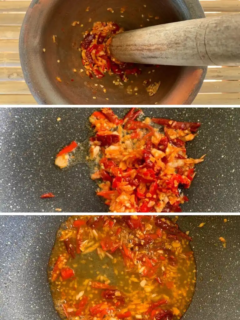 Step-by-step preparation of tamarind sauce, with a mortar and pestle crushing chilies and garlic, and a wok pan sizzling the sauce.