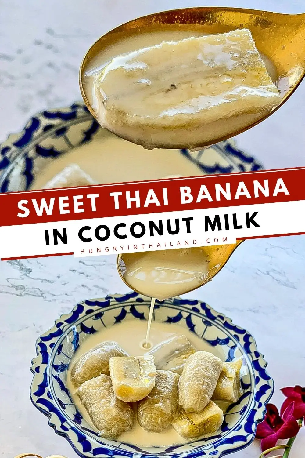 Thai banana in coconut milk dessert with soft bananas and creamy sauce.