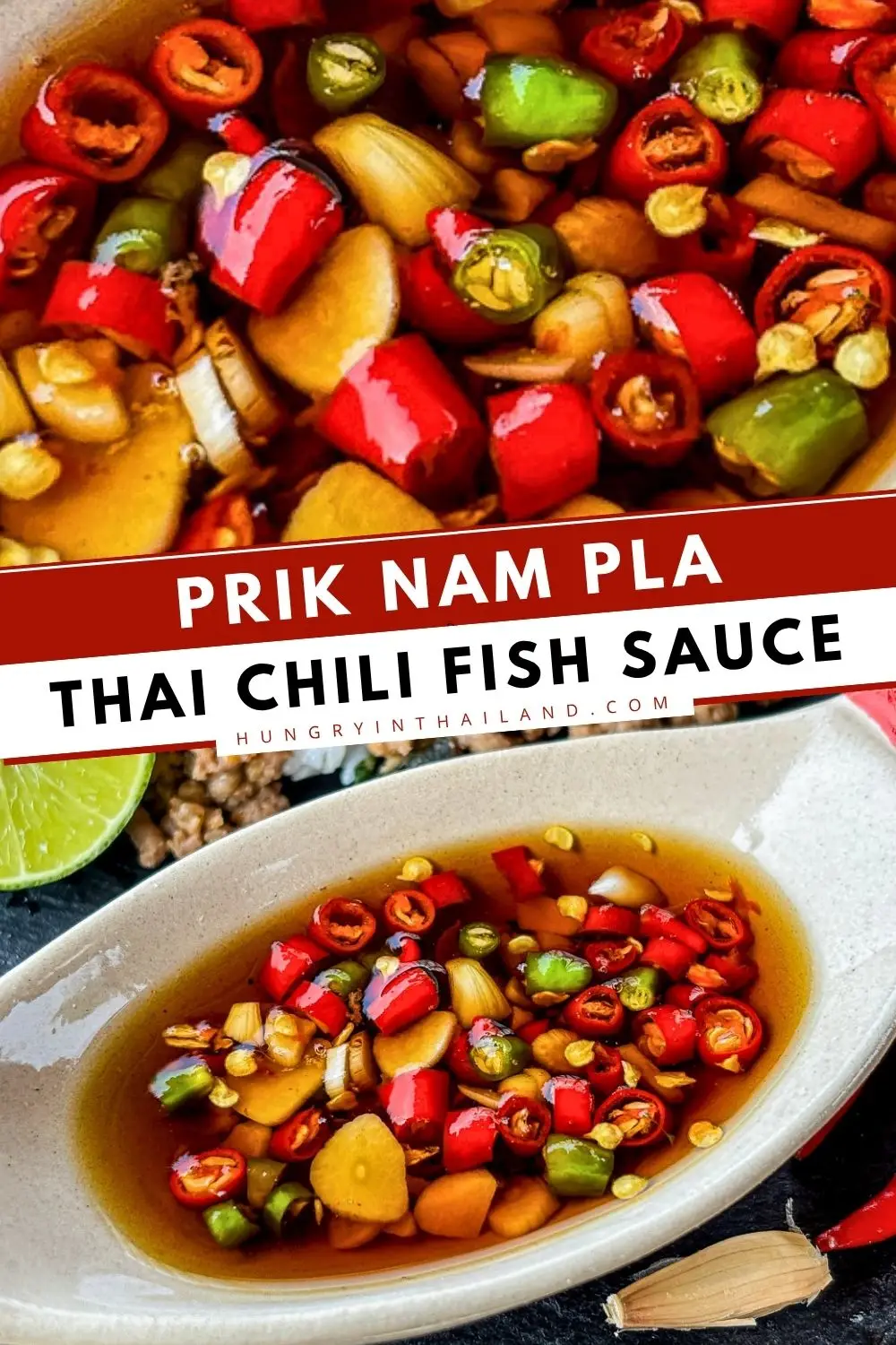 Thai prik nam pla chili fish sauce with sliced chilies, garlic, and lime served as a dipping sauce.