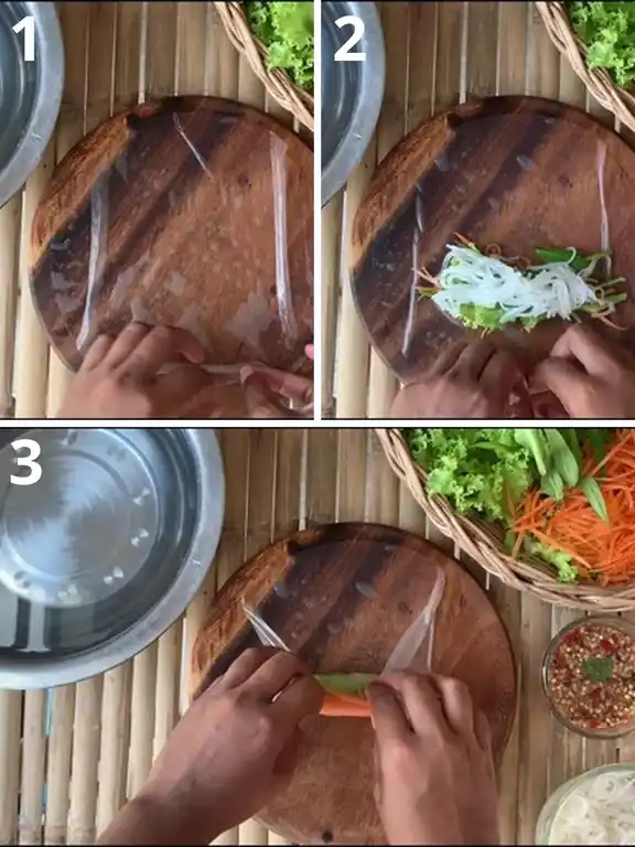 Step-by-step instructions for rolling Thai fresh spring rolls with rice paper, vegetables, and noodles on a wooden board.