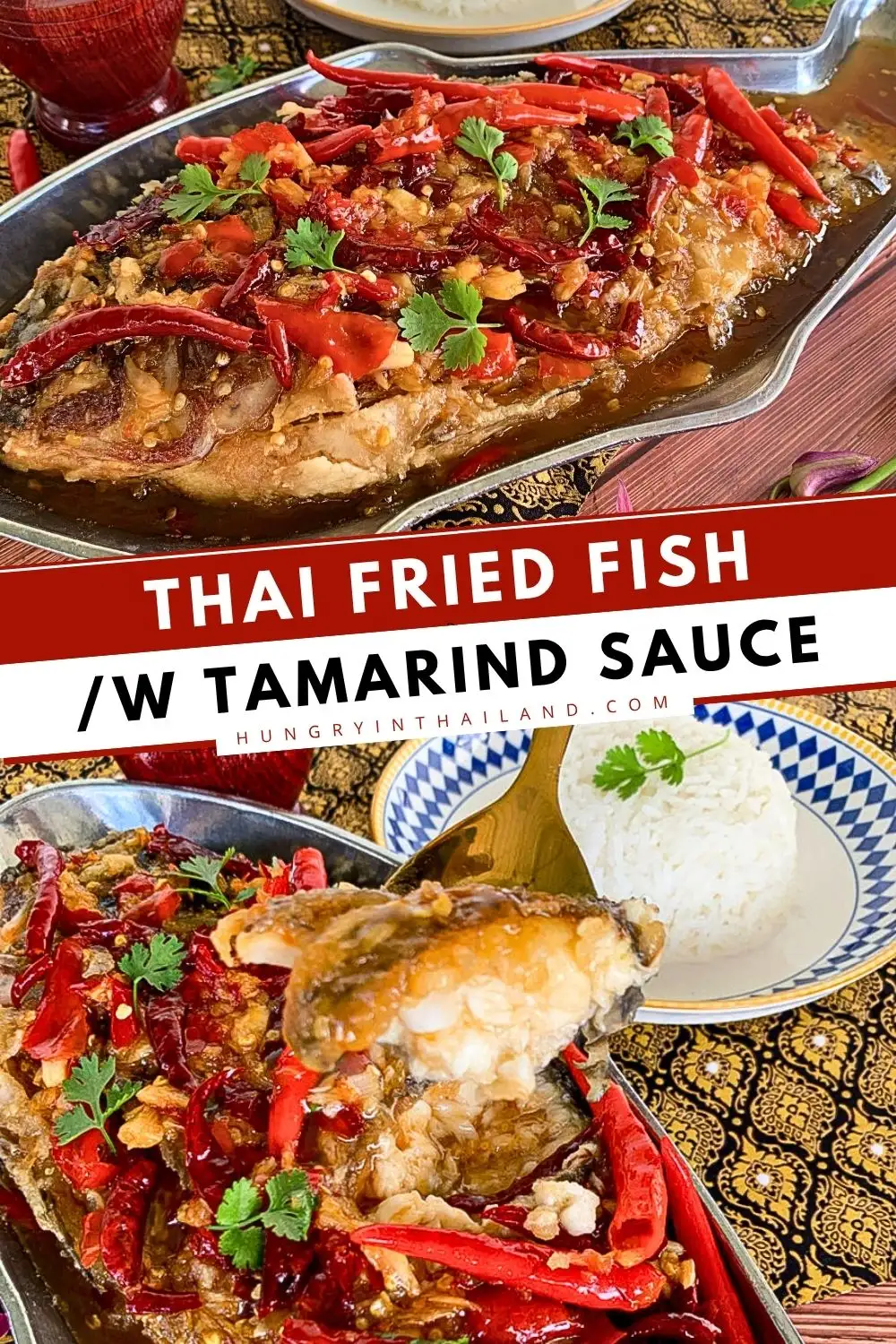 Thai fried fish topped with tamarind sauce and dried chilies.