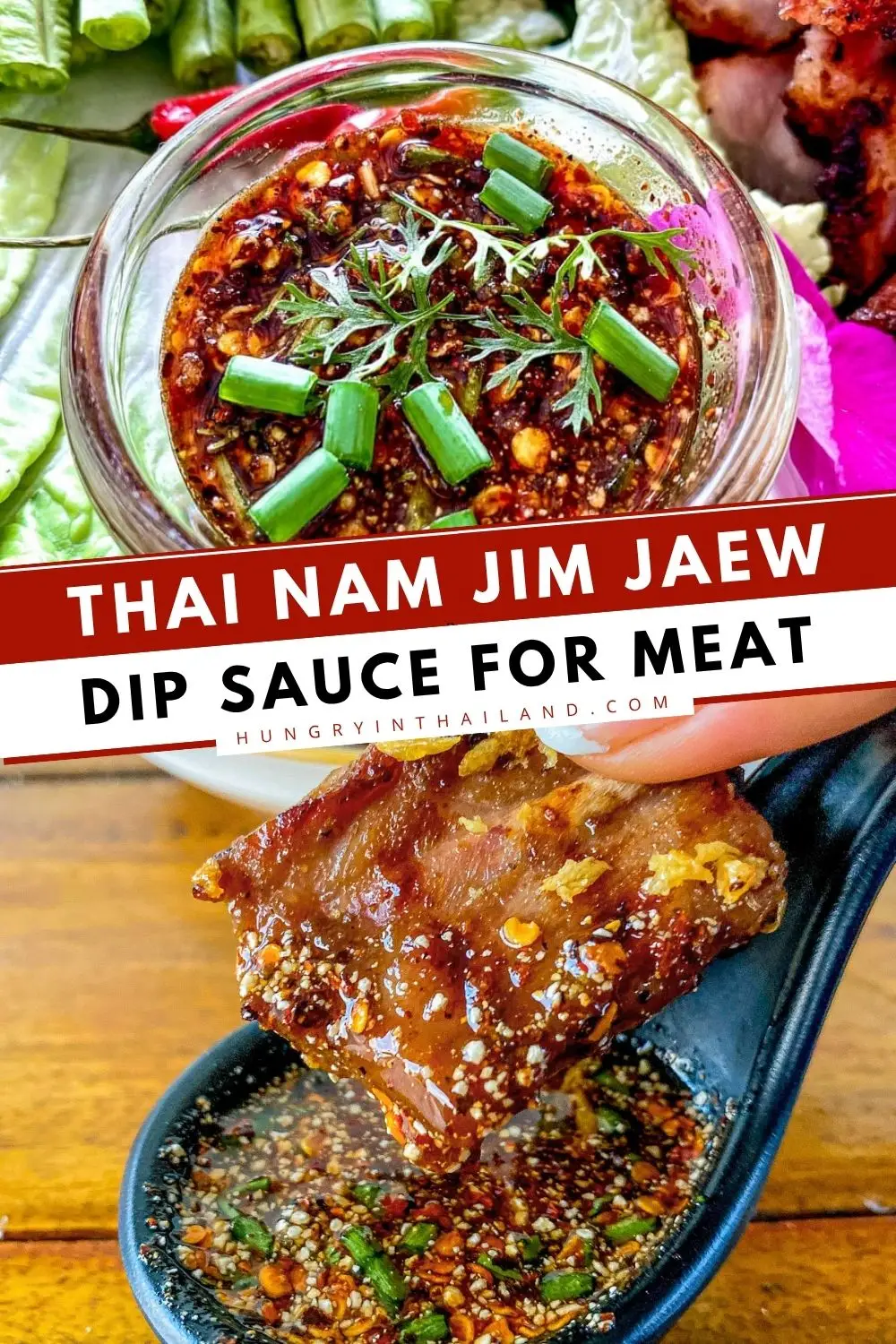 Thai nam jim jaew dipping sauce with toasted rice, chili flakes, and fresh herbs.