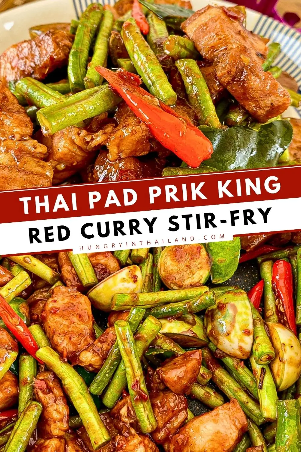 Thai pad prik king stir fry with pork, yardlong beans, and red curry paste.