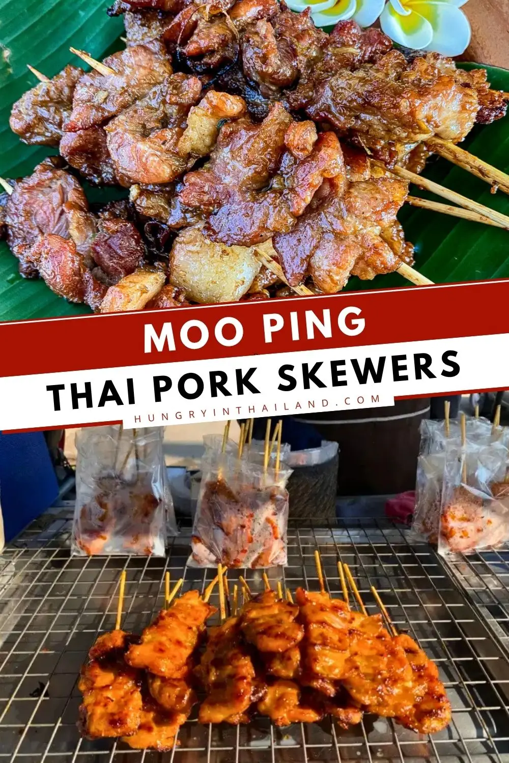 Thai pork skewers cooking on grill with raw marinated skewers in background.