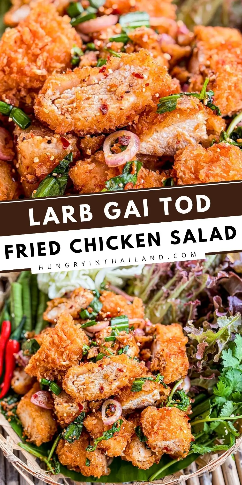 Larb gai tod Thai fried chicken salad with crispy chicken, herbs, chilies, and toasted rice powder.
