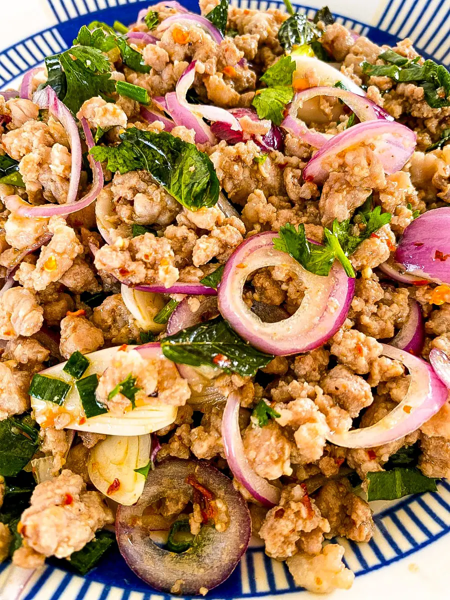 Close-up of Thai larb moo made with ground pork, sliced shallots, mint, and lime dressing on a patterned blue and white plate.