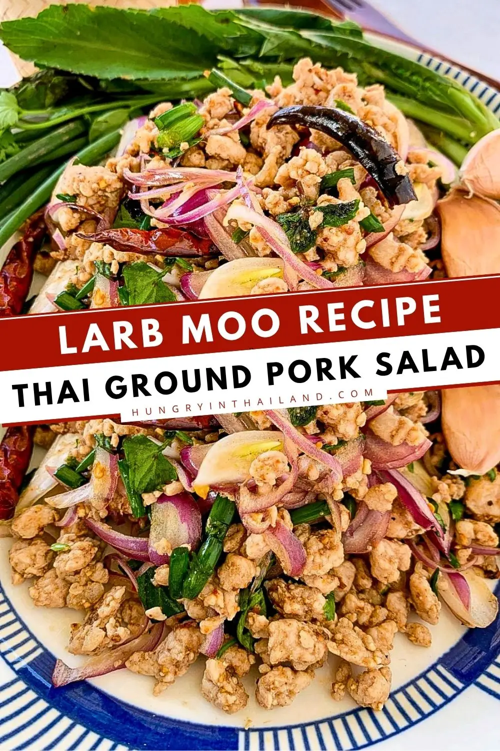 Thai larb moo with minced pork, sliced shallots, fresh herbs, and dried chilies.