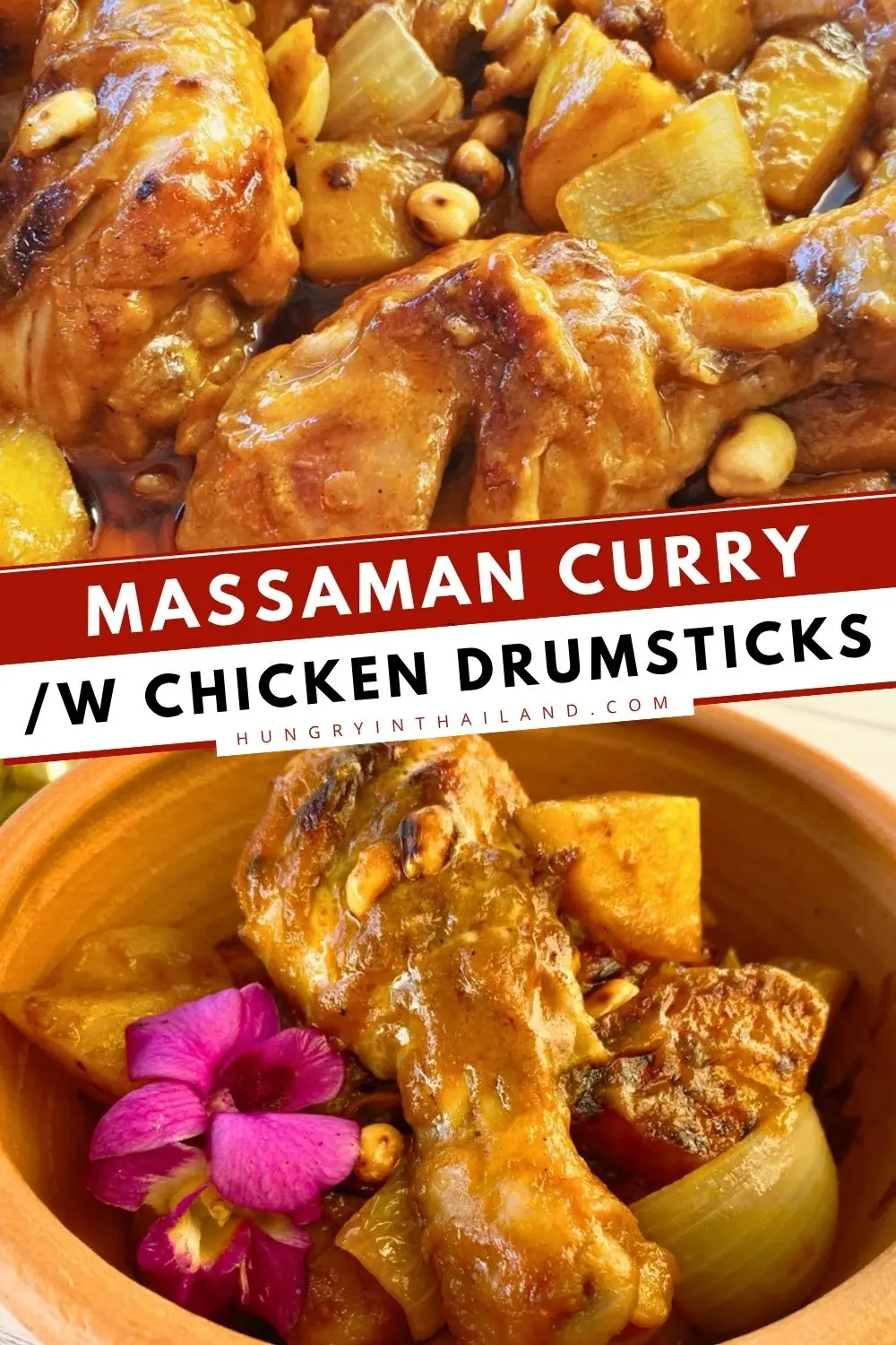 Massaman chicken curry with drumsticks, potatoes, and peanuts in a rich coconut sauce.
