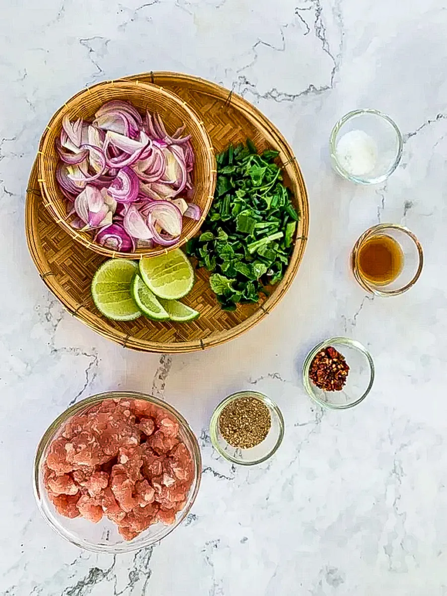 Top-view of ingredients for Thai pork larb: ground pork, toasted rice powder, red pepper flakes, fish sauce, white sugar, shallots, culantro, green onions, coriander, lime, and mint.