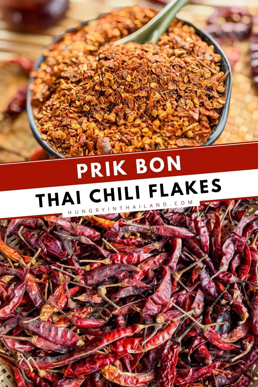 Thai chili flakes (prik bon) in a bowl with dried Thai chilies, showing coarse roasted chili flakes texture.