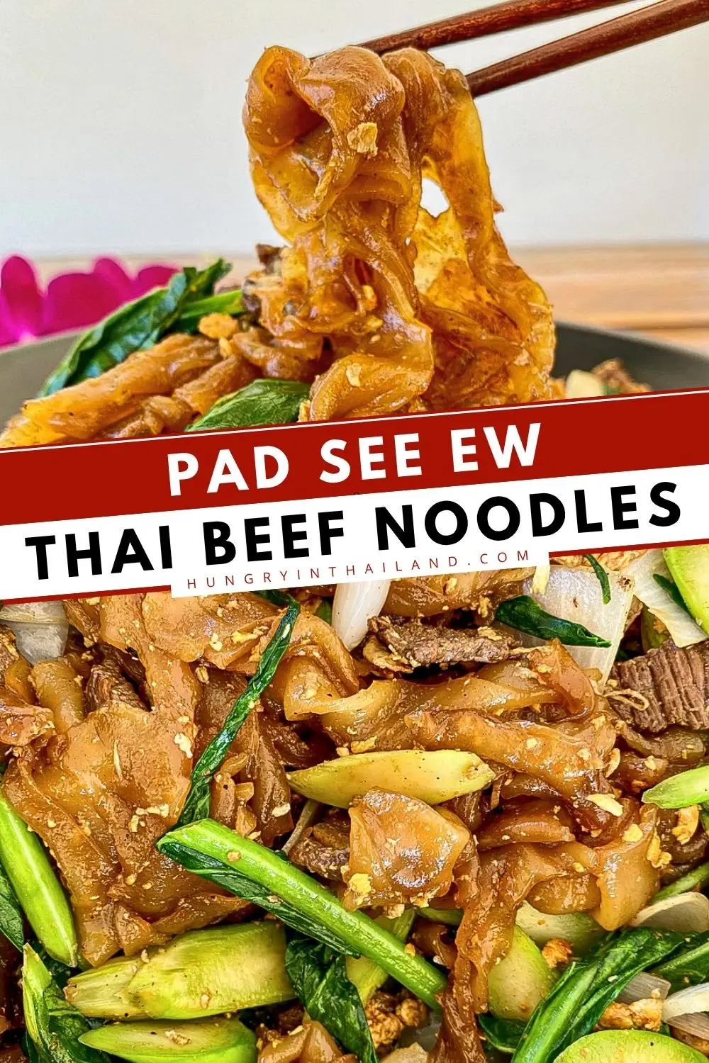 Thai beef pad see ew noodles with Chinese broccoli, tender beef, and wide rice noodles in savory soy sauce.