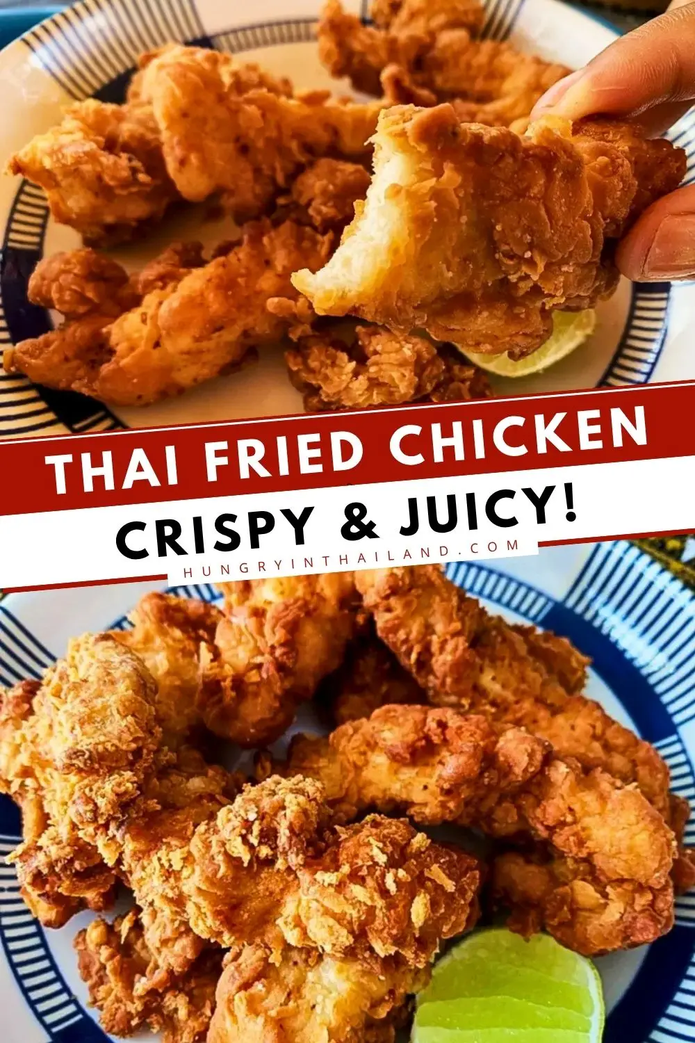Thai crispy chicken with crispy coating and juicy meat served on a plate with lime.