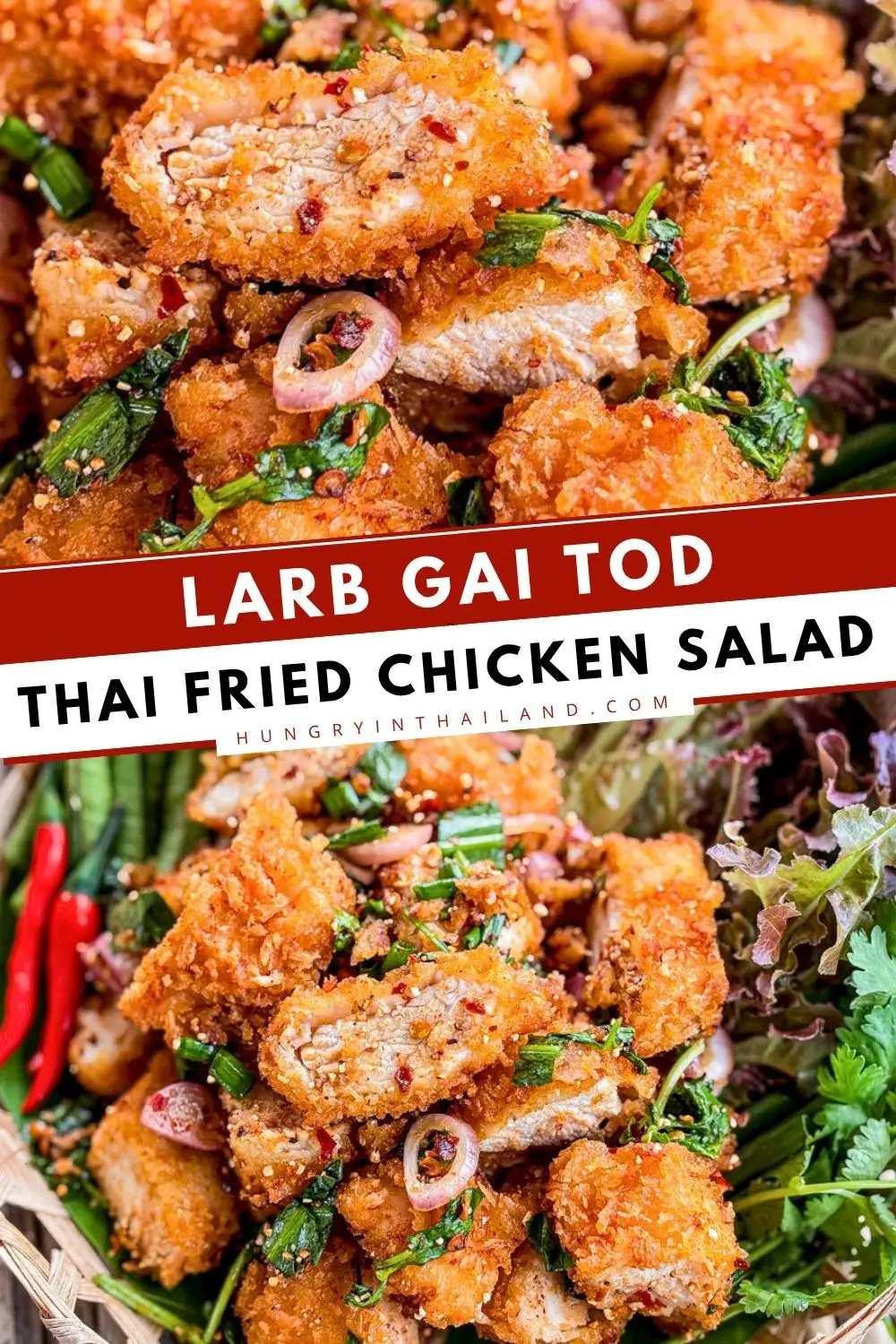 Thai fried chicken salad with crispy chicken, herbs, and chili flakes.