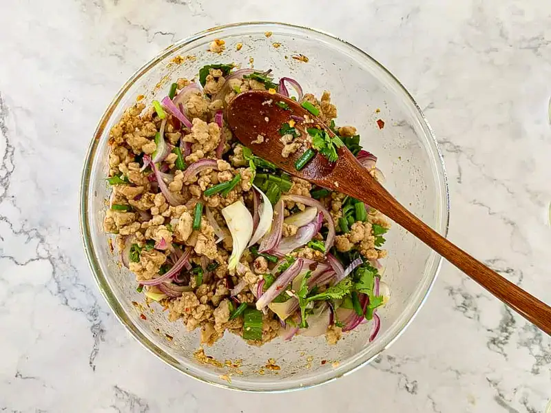 Mixing ground pork with herbs and sliced shallots in a bowl.