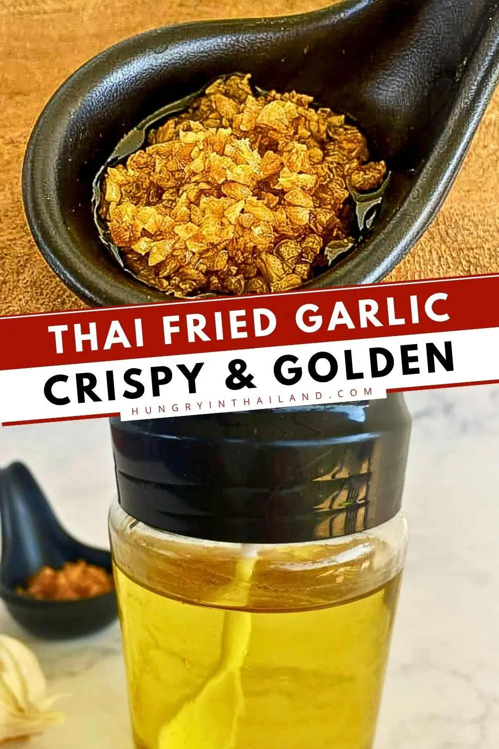Thai crispy fried garlic and garlic oil in a jar for noodles, soups, fried rice, and stir-fries.