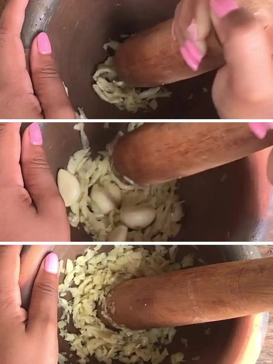 Instructional images showing hands pounding garlic with a mortar and pestle.