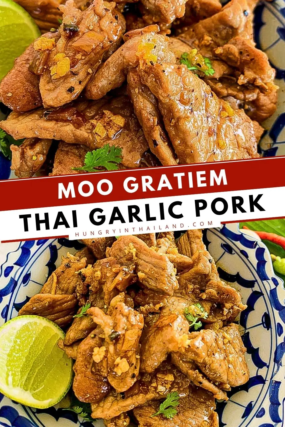 Thai garlic pork stir-fry (moo gratiem) with black pepper, garlic, and juicy pork slices served with rice.