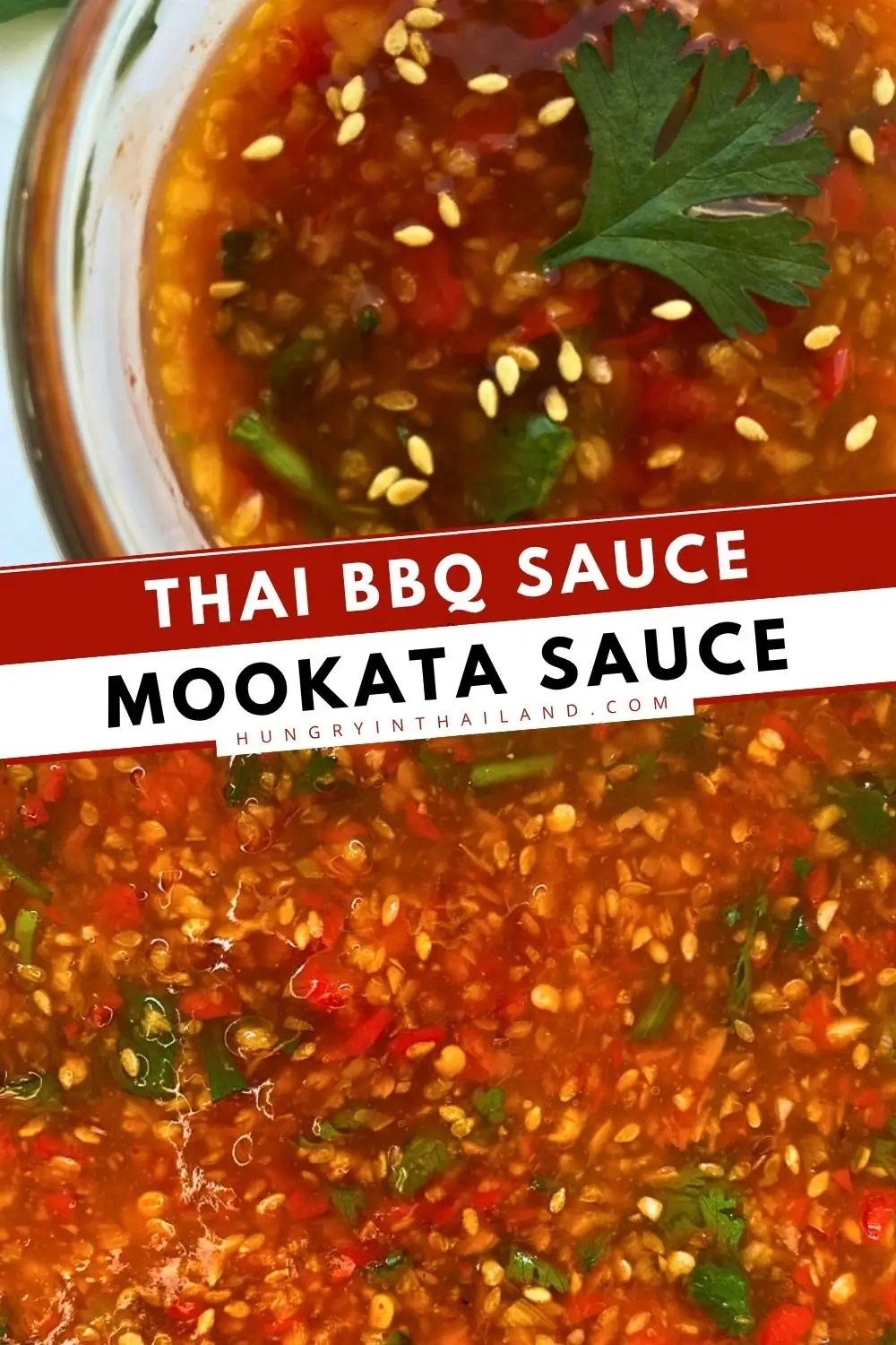 Homemade Thai mookata dipping sauce with chilies, garlic, coriander, and toasted sesame seeds.