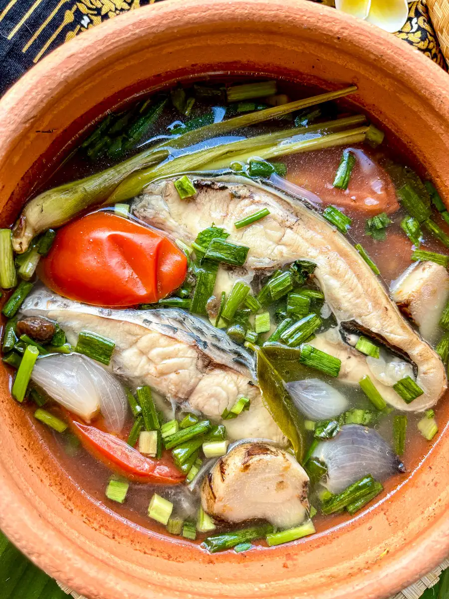 Top-view of tom yum pla soup served in a clay pot with tender fish, tomatoes, and fresh herbs and spices.