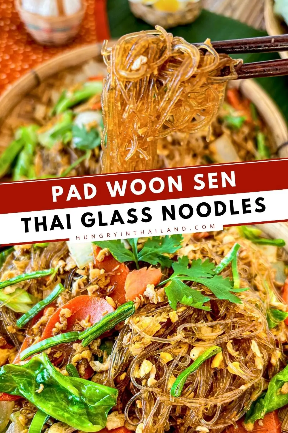Thai glass noodle stir-fry with vegetables, egg, and savory sauce lifted with chopsticks.