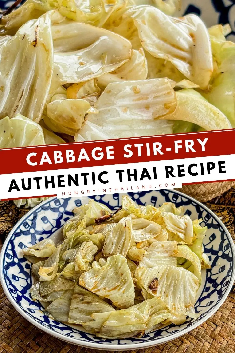 Thai cabbage stir-fry with garlic and fish sauce served in a blue bowl.