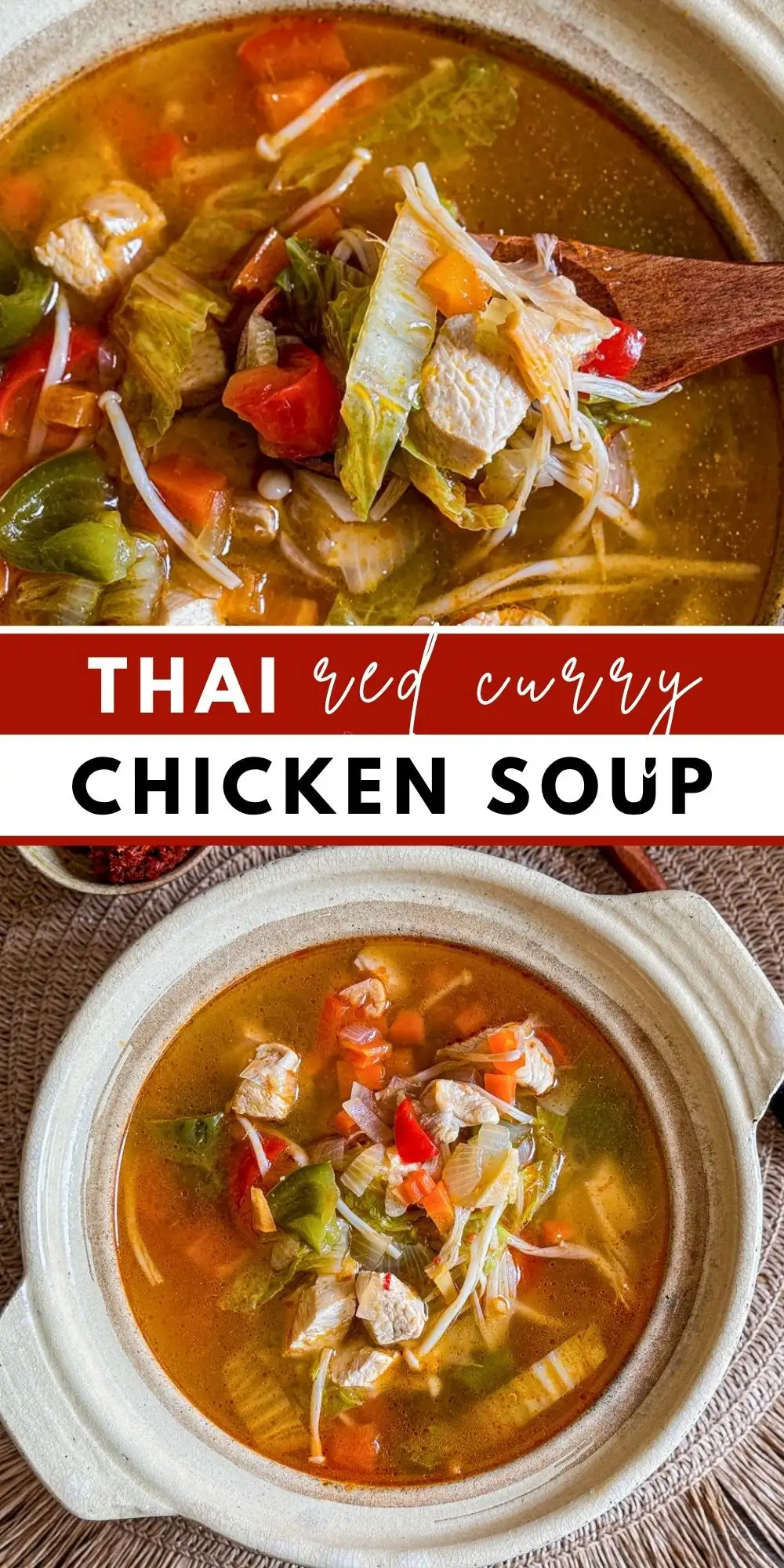 Thai red curry chicken soup with tender chicken, vegetables, coconut broth, and aromatic spices.
