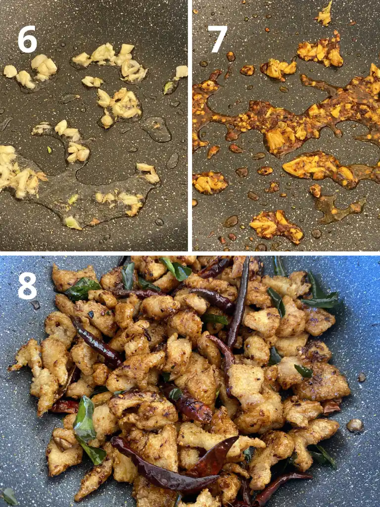 Cooking stages for pad prik haeng, from sizzling garlic and chilies to golden fried chicken tossed with dried chilies and kaffir lime leaves in a wok.