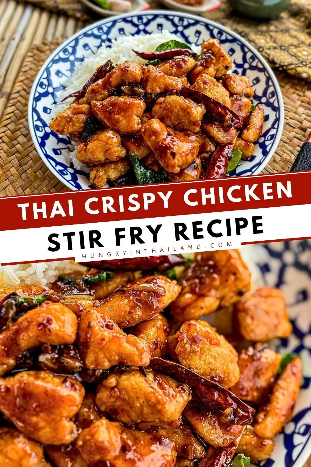 Thai crispy chicken stir-fry (gai pad prik haeng) with dried chilies, kaffir lime leaves, and jasmine rice.