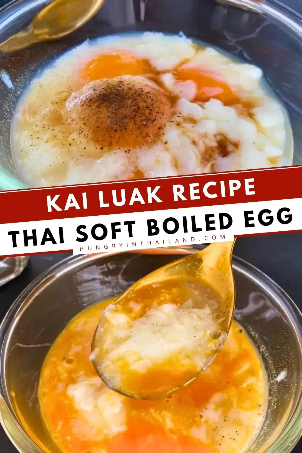 Bowl of Thai soft-boiled eggs with Maggi seasoning and white pepper.