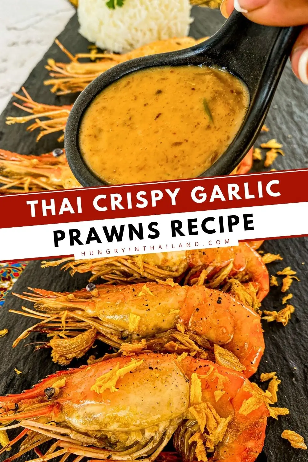 Thai crispy garlic prawns topped with crispy fried garlic, served with creamy garlic pepper sauce and jasmine rice.