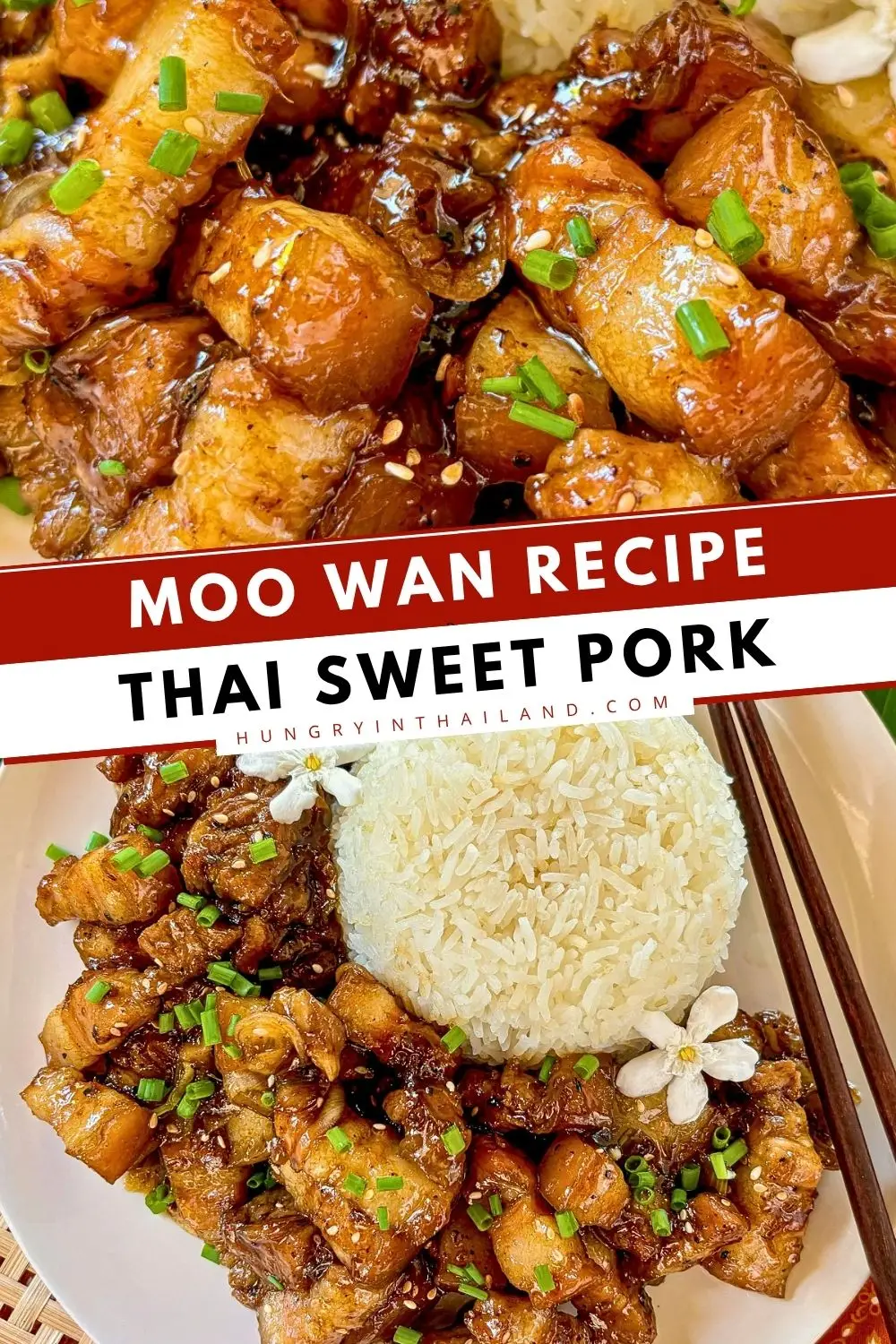 Thai sweet pork (moo wan) served with jasmine rice, featuring tender pork belly coated in a sticky caramelized sweet and savory sauce.