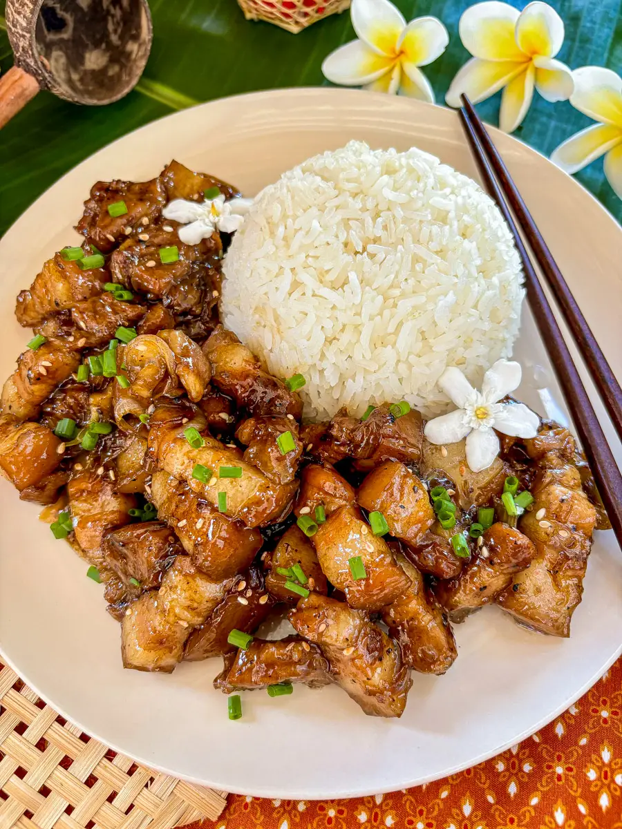 Thai sweet pork, moo wan, caramelized and paired with steamed jasmine rice.