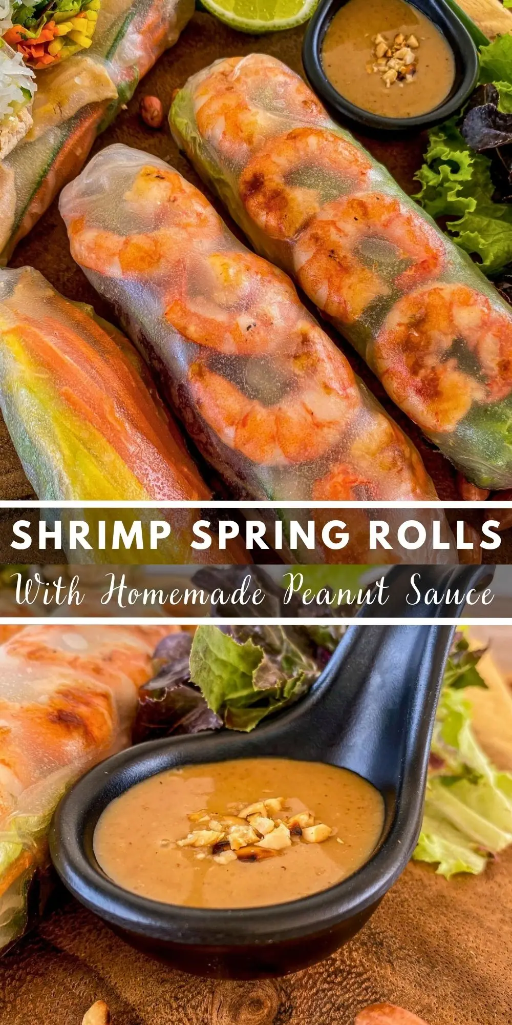 Fresh shrimp spring rolls wrapped in rice paper with vegetables and herbs, served with creamy peanut dipping sauce.