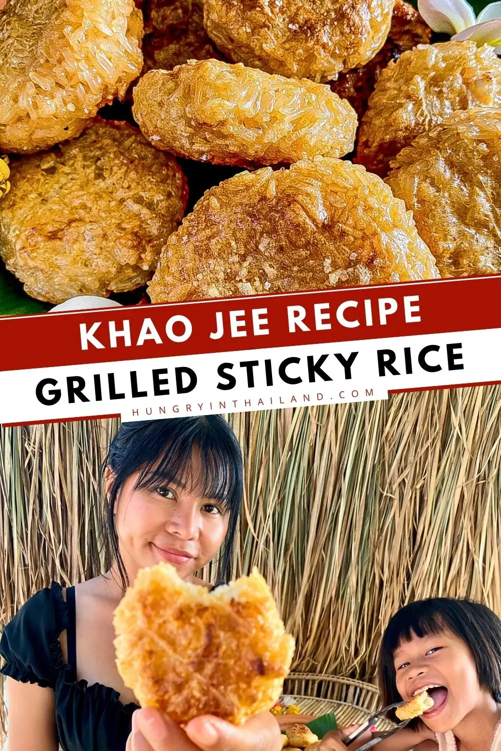 Authentic khao jee (Thai grilled sticky rice with egg) served with the cook and child enjoying the crispy rice cakes.
