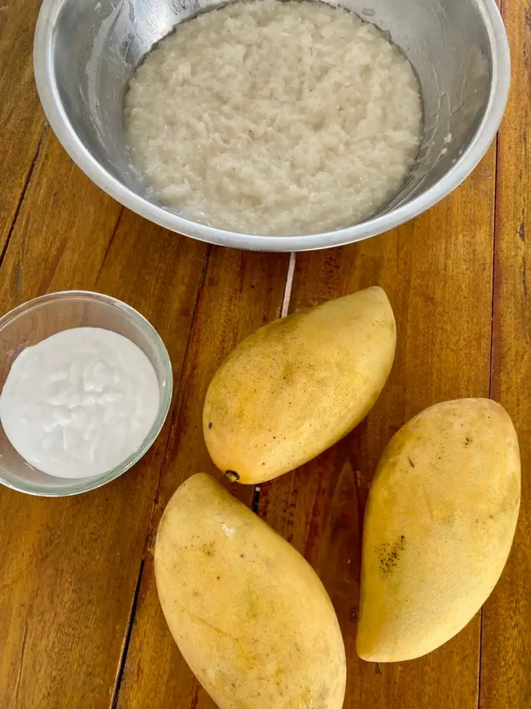 Ingredients for Thai mango sticky rice with soaked glutinous rice in a bowl, fresh mangoes, and coconut milk sauce.