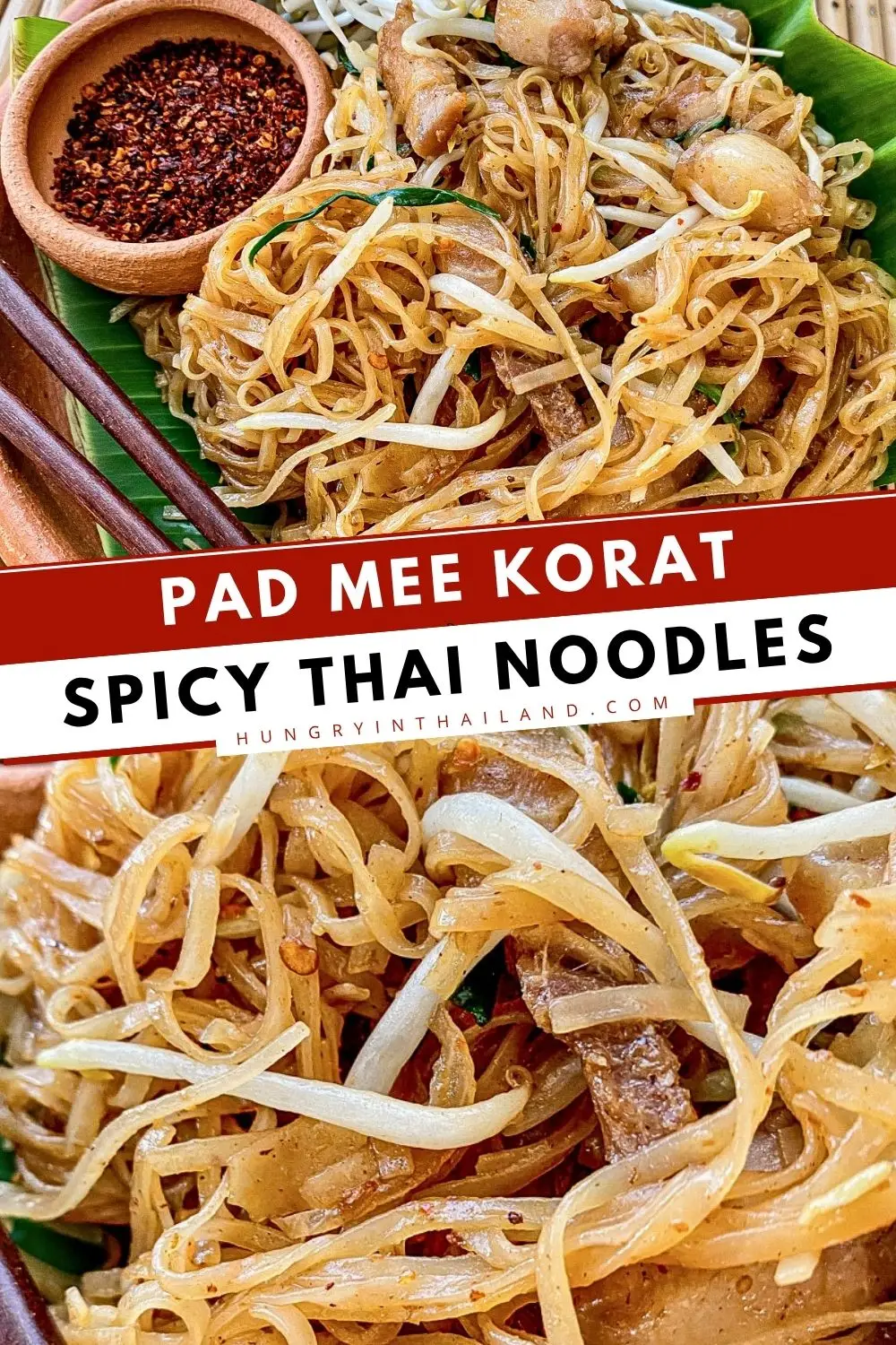 Pad mee korat, a spicy Thai noodle stir-fry with pork belly, bean sprouts, and chewy rice noodles.